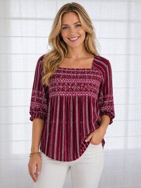 SAVANNA JANE Elboe Sleeve Square Neck Red w/White Decorative Stripes Blouse M